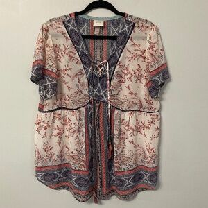 KNOX ROSE XXL Shirt Paisley Boho Lace Front Blue Red Romantic Short Sleeve Top